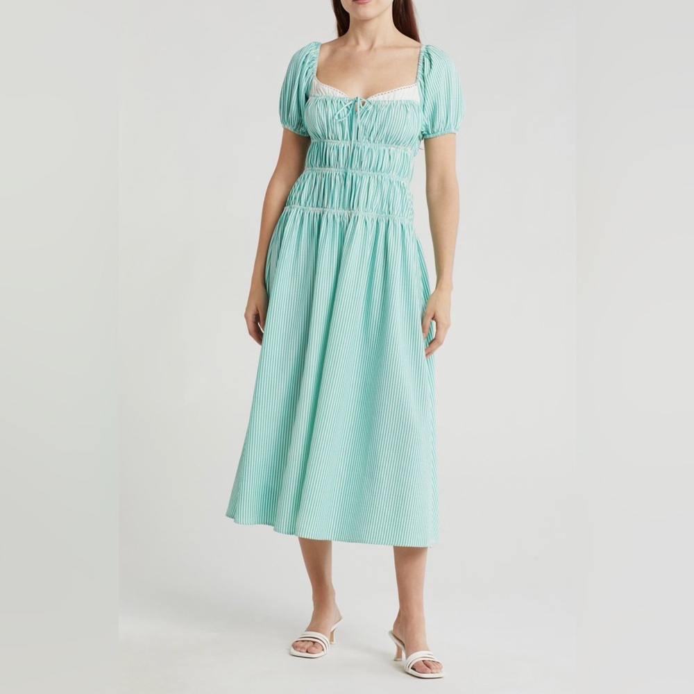 Lush Green Striped Shirred Puff Sleeve Maxi Dress‎